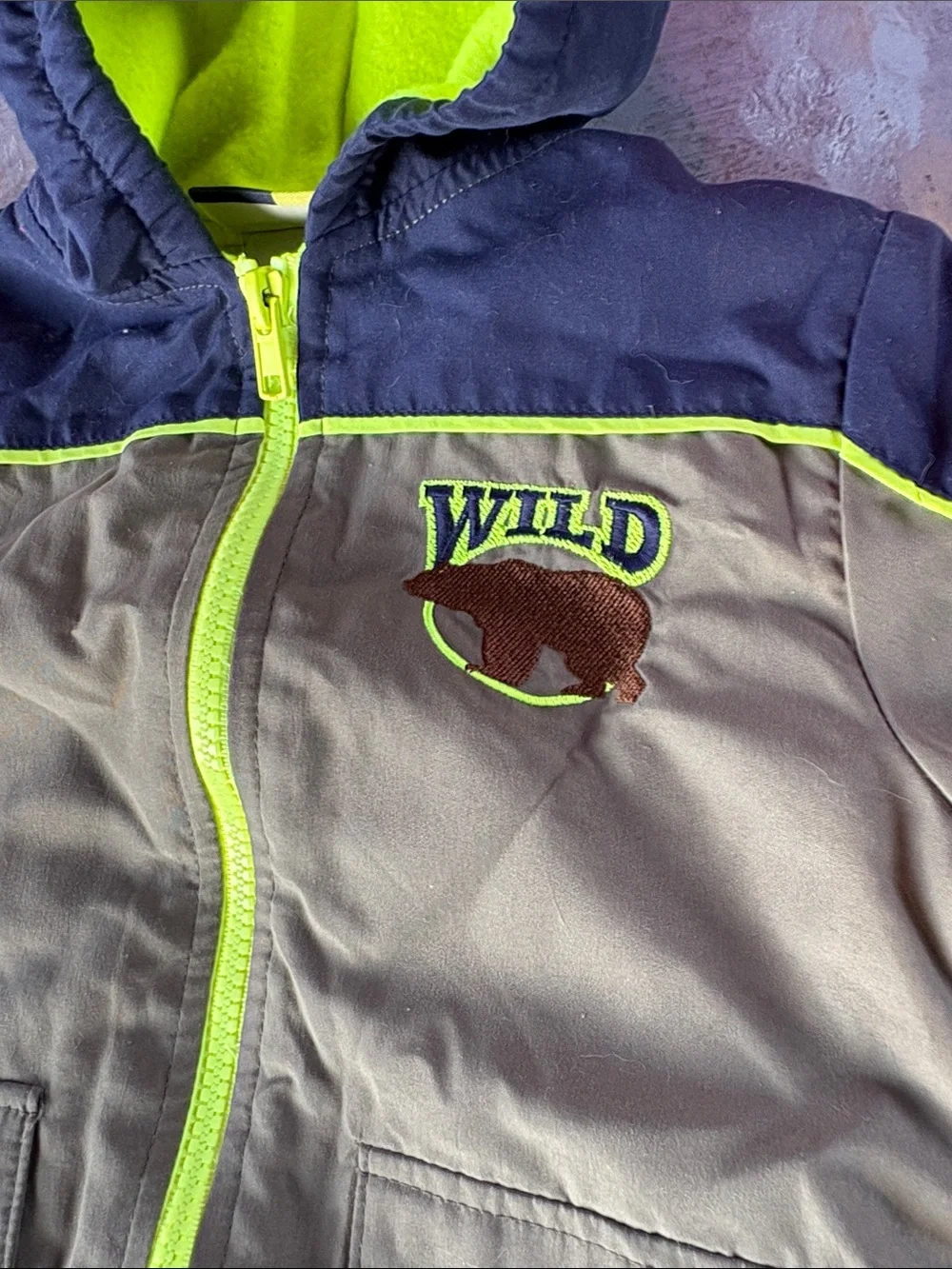 Kids Hooded One-Piece Jacket in Olive Green with Neon Trim